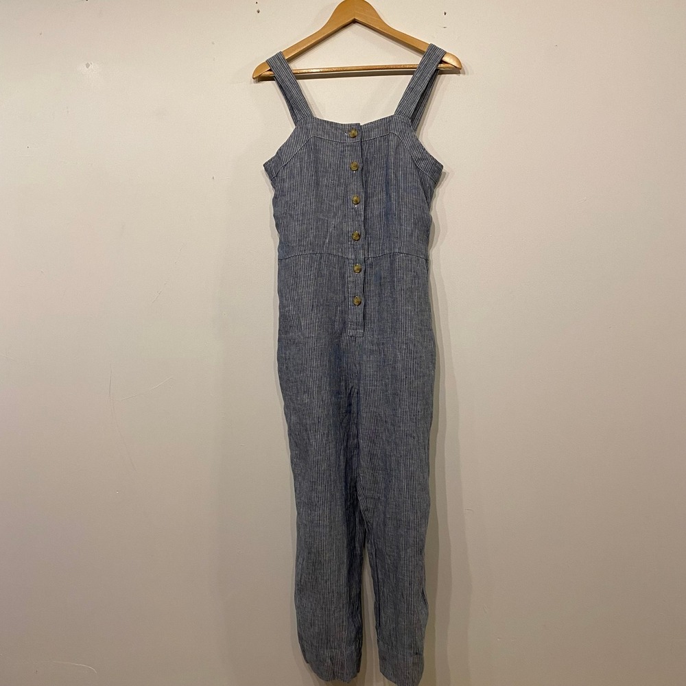 Everlane Blue White Pinstripe 100% Linen Sleeveless Button Front Jumpsuit 4